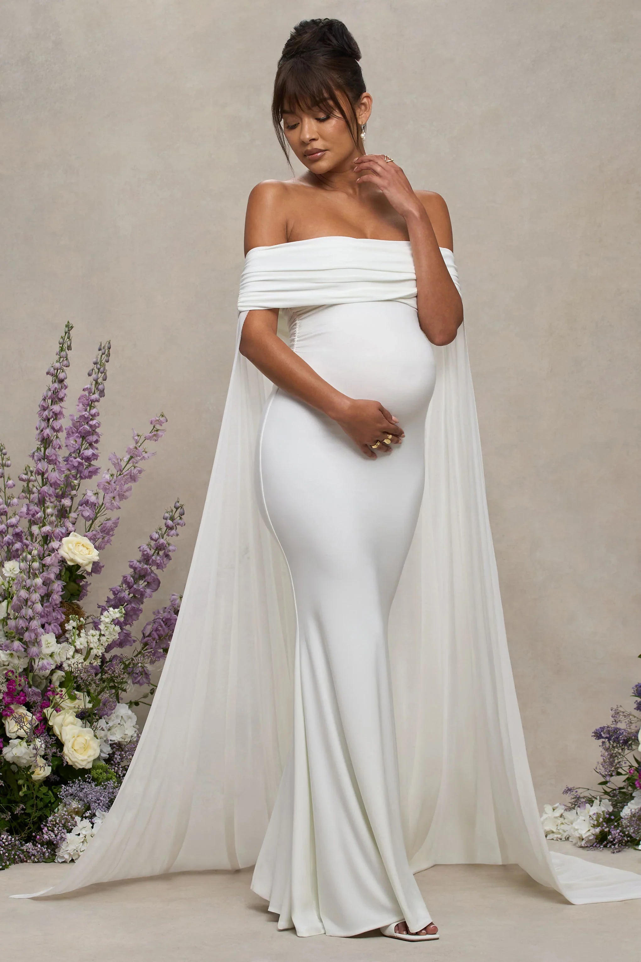 Carlotta White Bardot Maternity Maxi Dress With Chiffon Cape