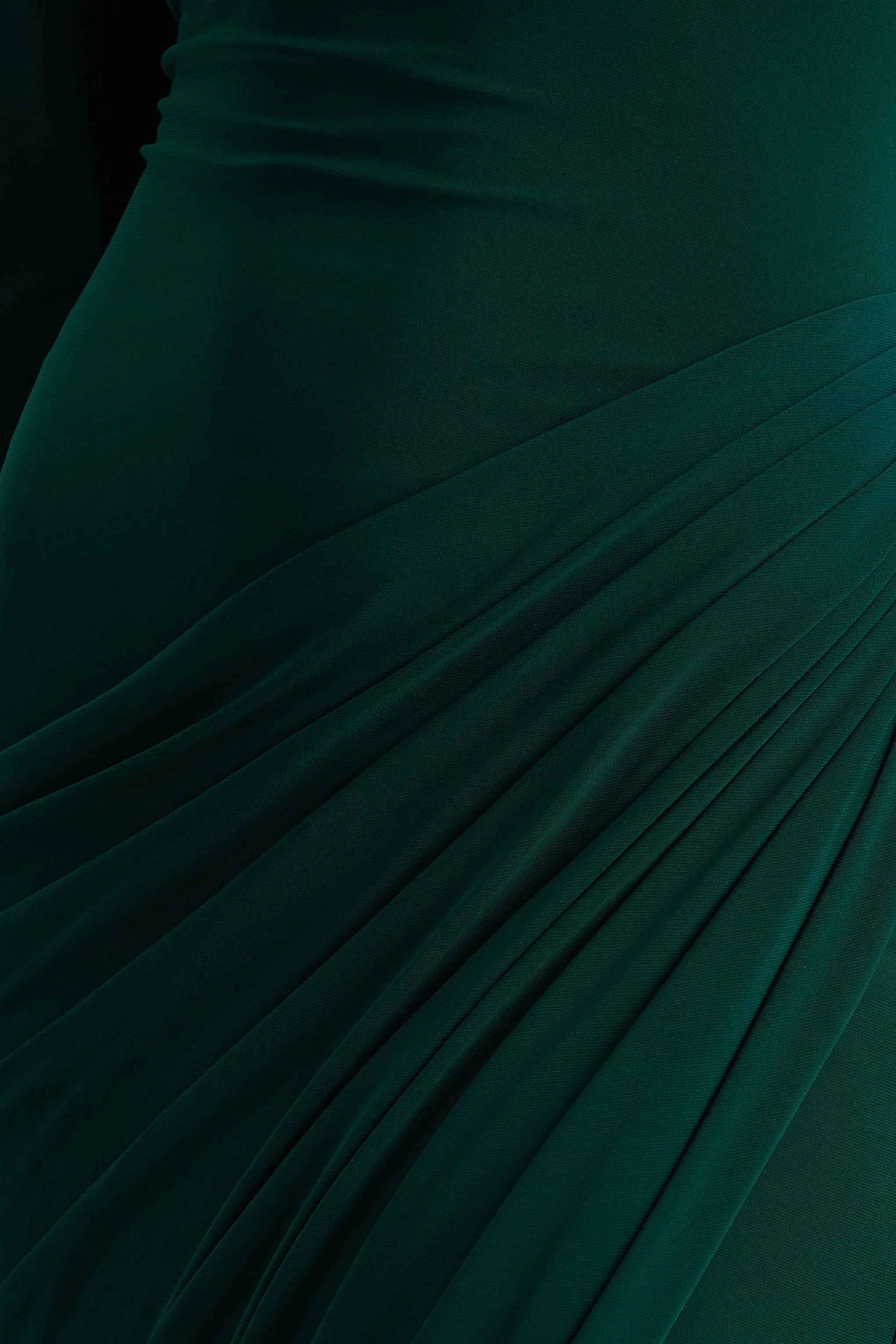 Betsy Bottle Green High Neck Maxi Dress With Front Split And Ruched Detailing