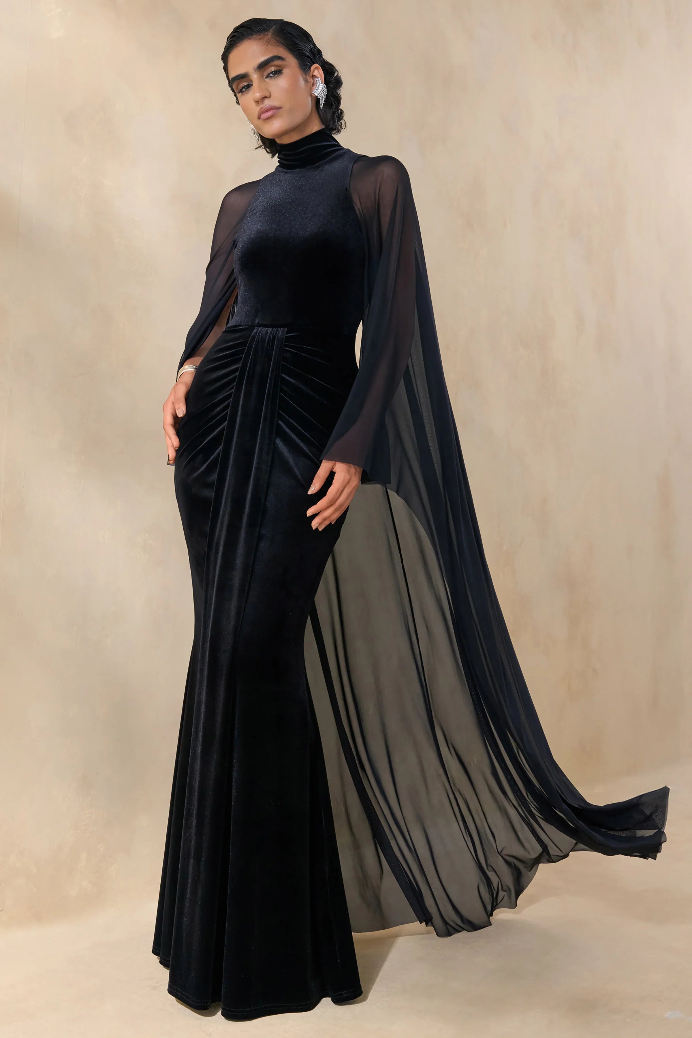 Adoring Black Velvet High Neck Maxi Dress With Cape