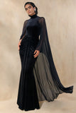 Adoring Black Velvet High Neck Maxi Dress With Cape