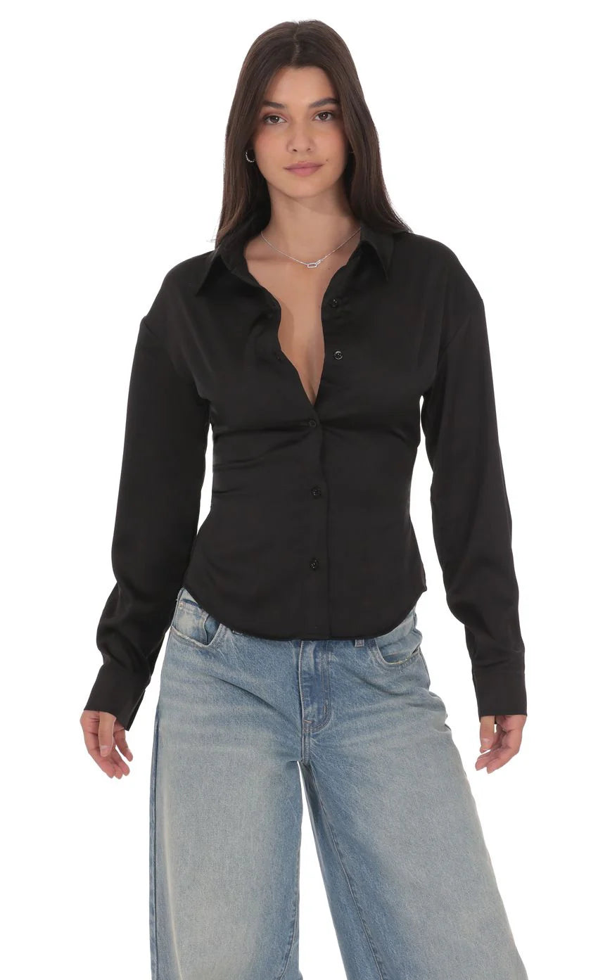Satin Button Up Shirt in Black