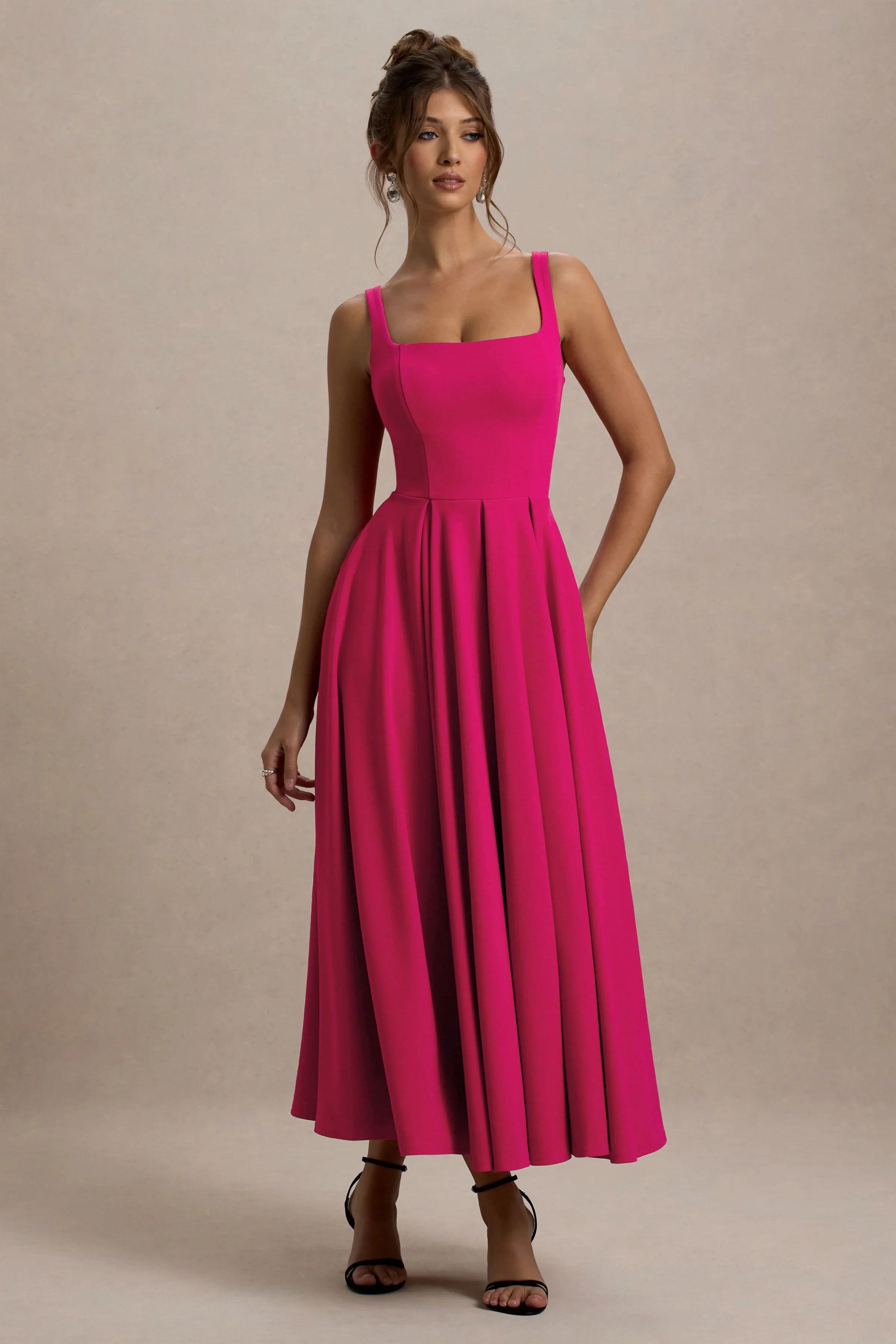 Parina Hot Pink Strappy Volume Hem Midi Dress