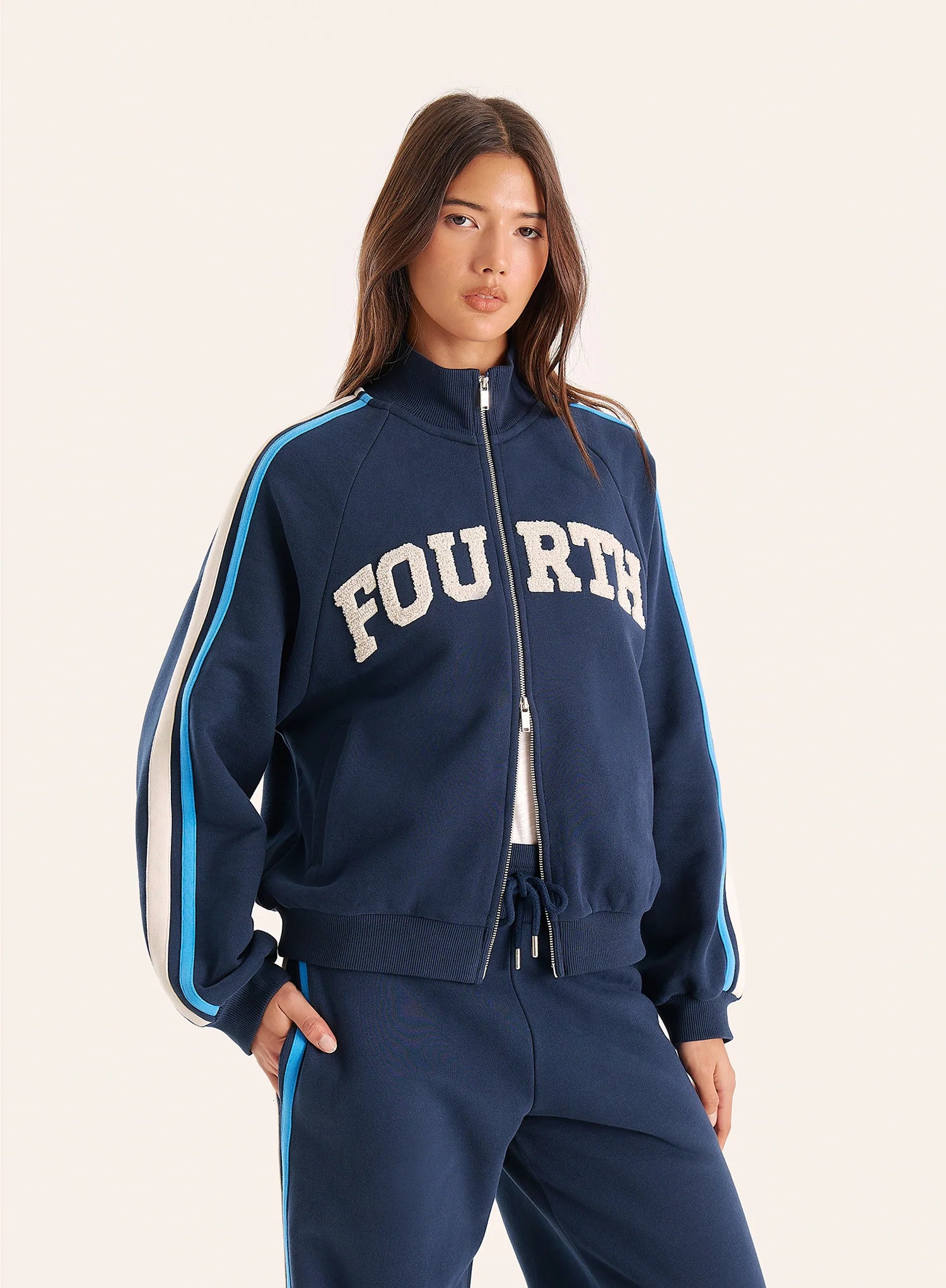 Navy Side Stripe Double Zip Funnel Neck Track Jacket