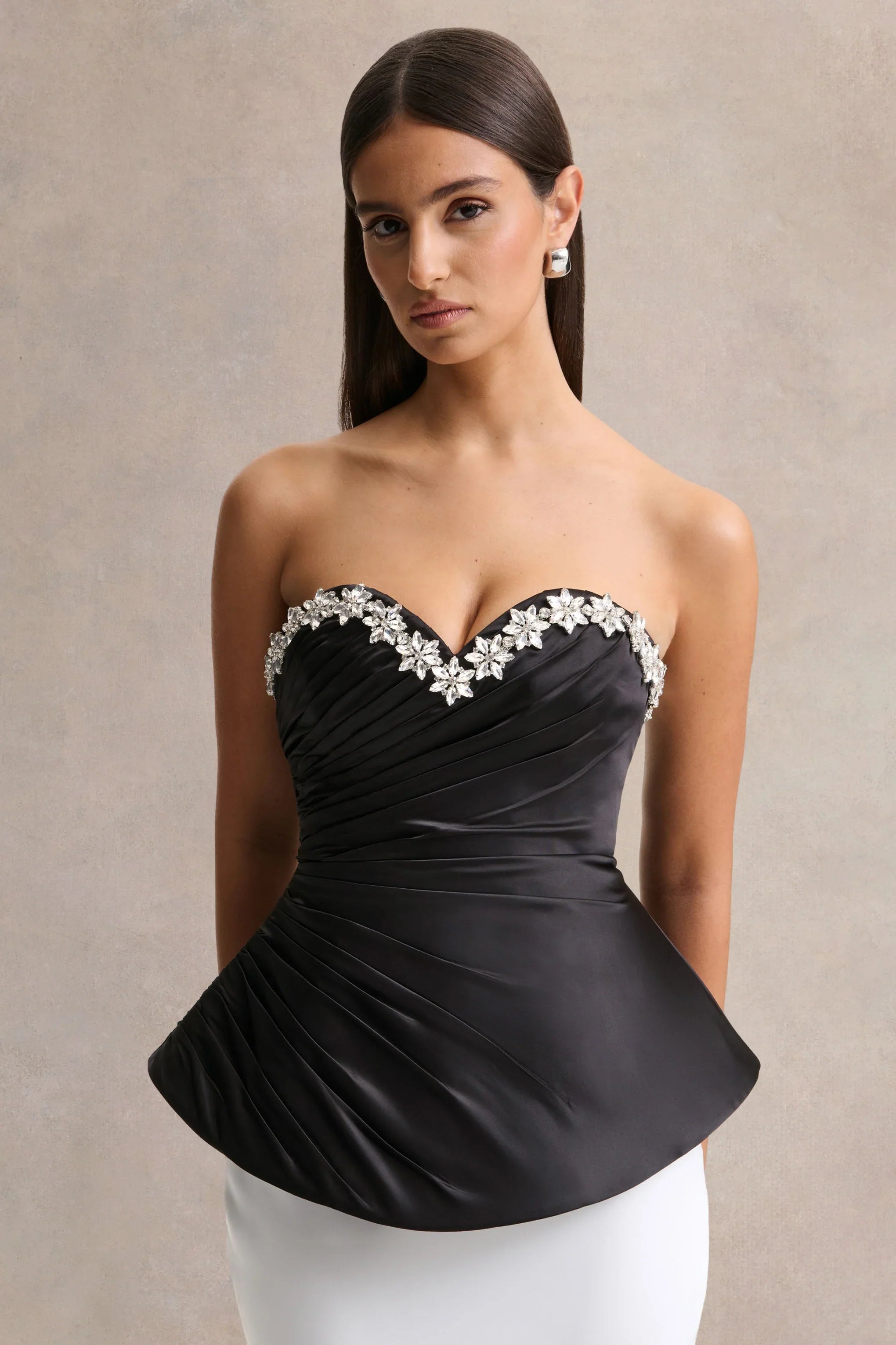 Ambria Black Satin Hand Embellished Sweetheart Neck Corset Top