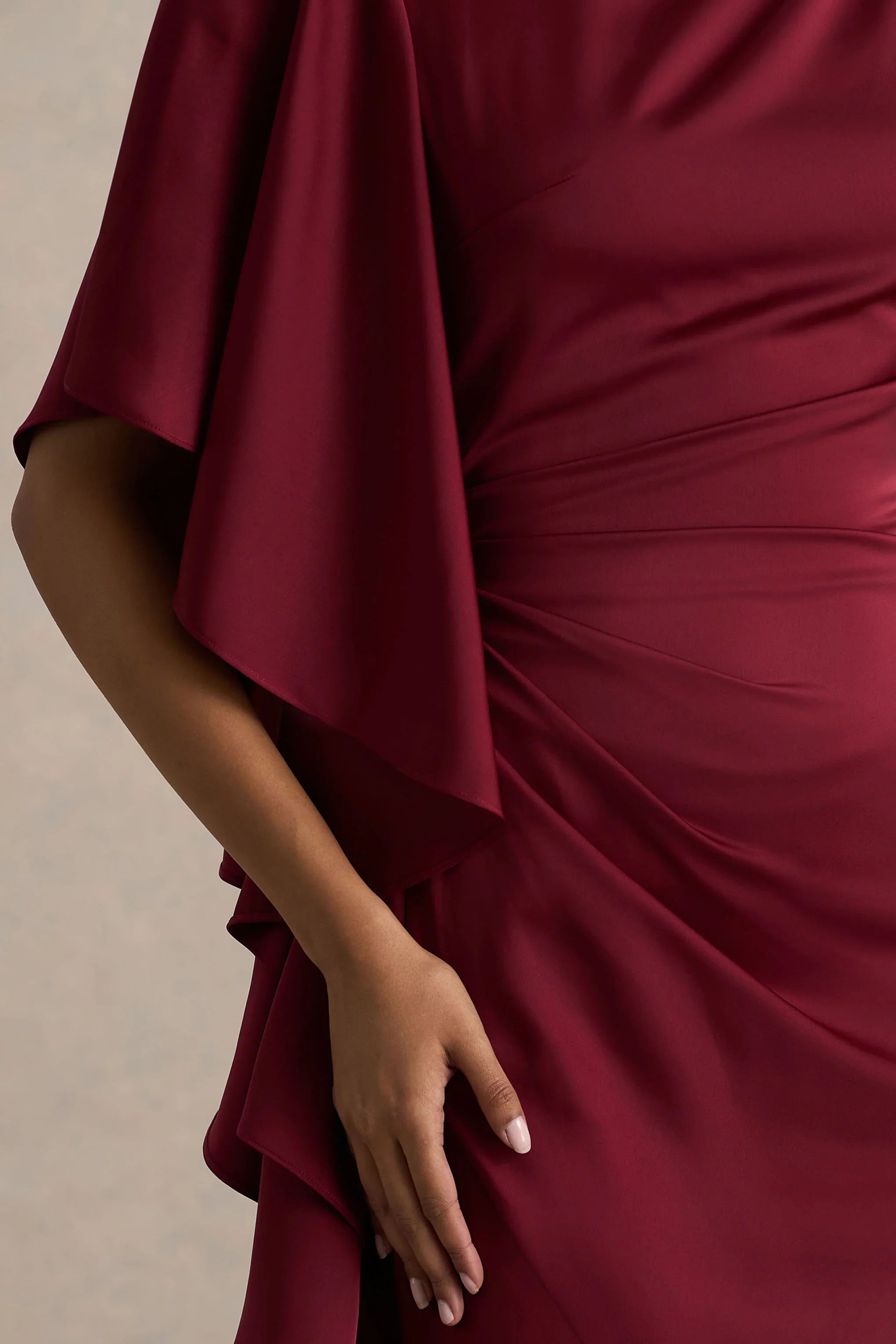 Rosy Burgundy Satin Boat Neck Maxi Dress With Front Split And Ruffled Detailing