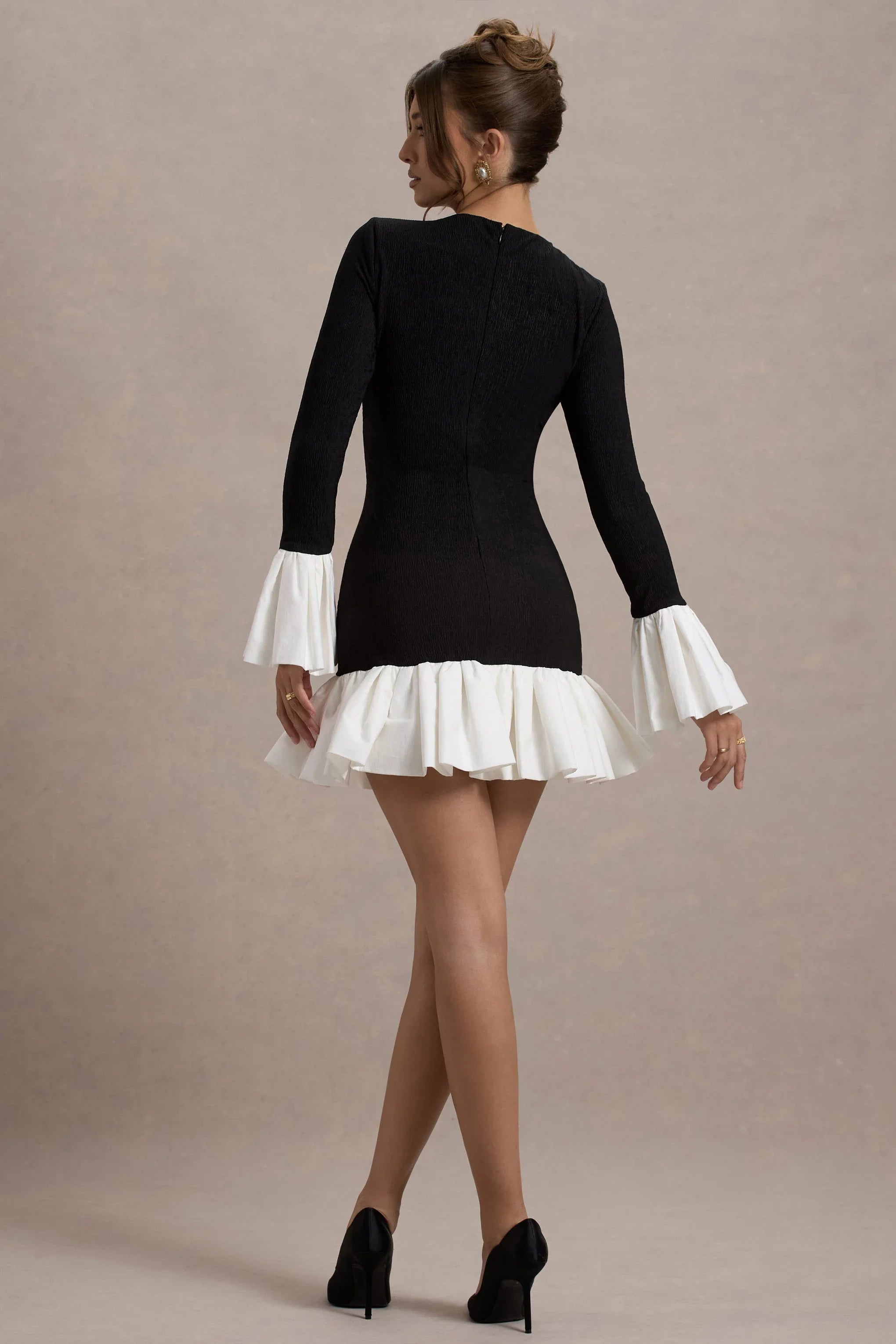 Josefina Black Long Sleeve Mini Dress With White Satin Trims