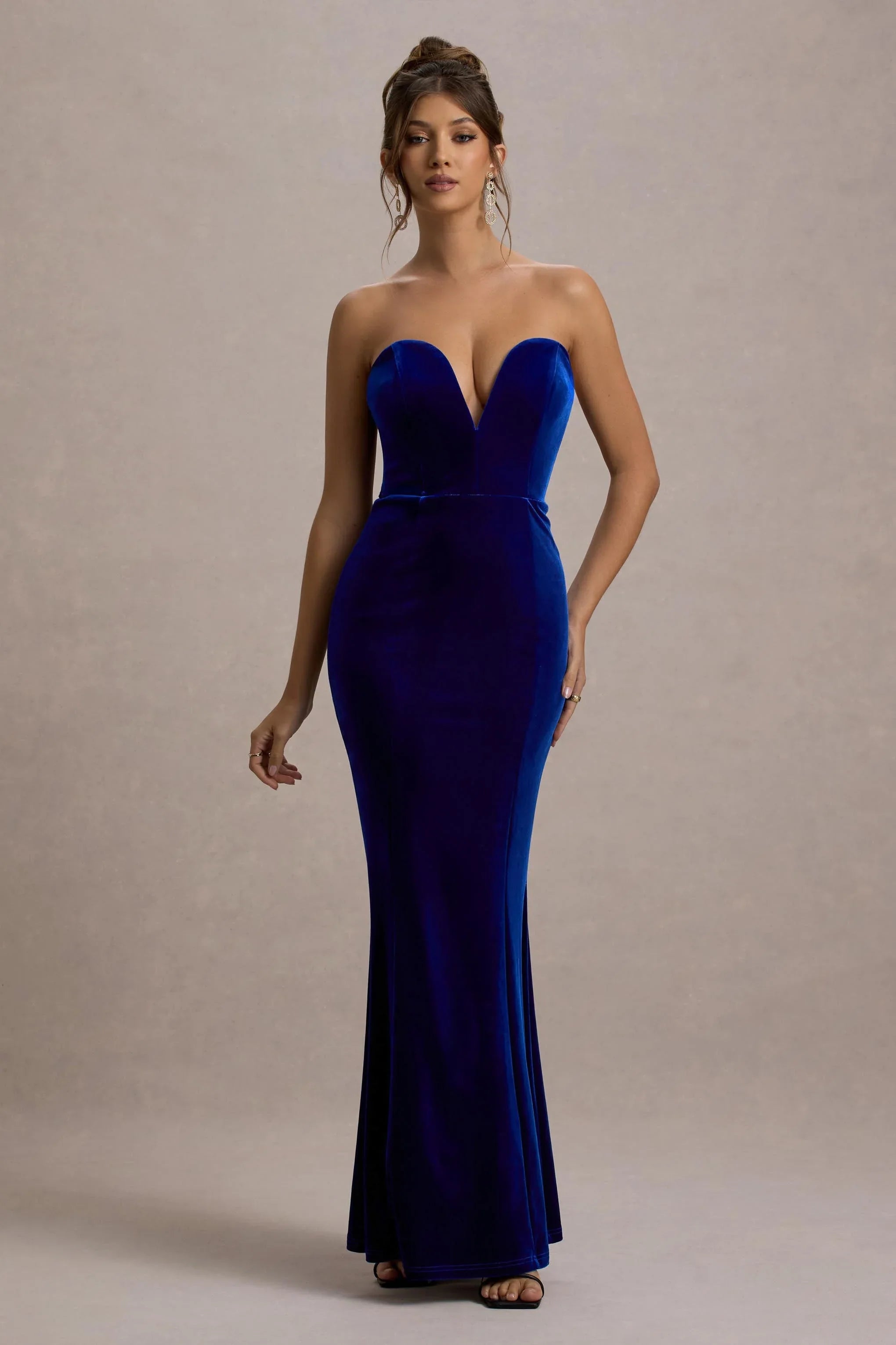 Pacifica Cobalt Velvet Plunge Neck Strapless Maxi Dress