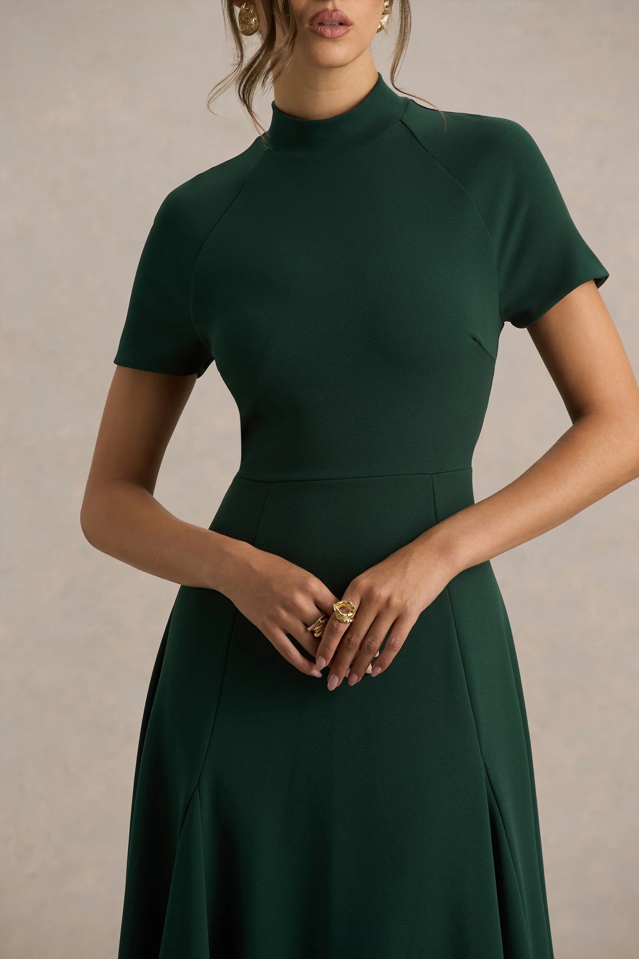 Alea Dark Green High Neck Short Sleeve Maxi Dress