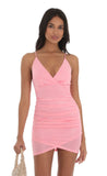 Shimmer Ruched Cross Back Dress in Pink