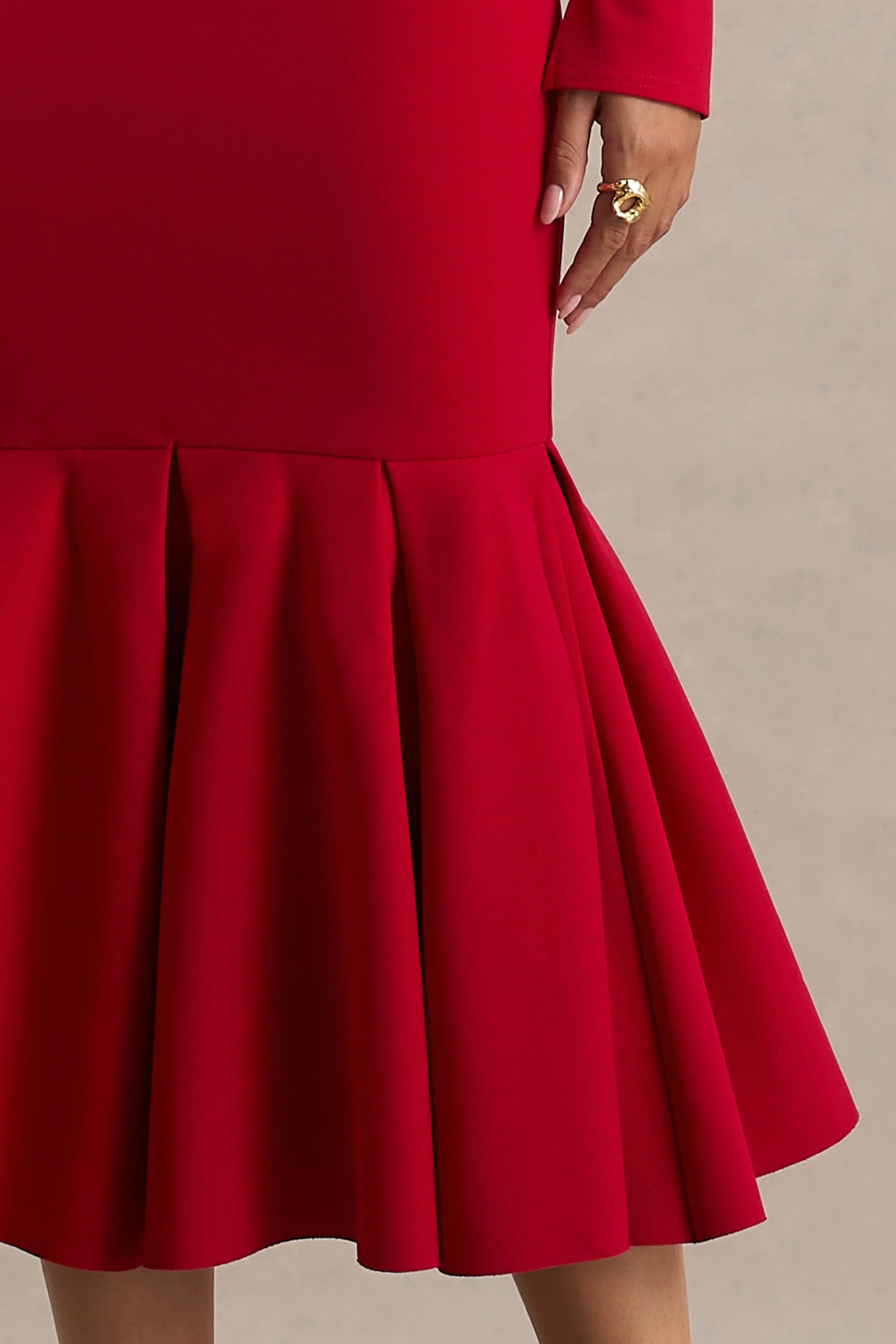 Liberty Red High Neck Mermaid Midi Dress With Ruffling Detail
