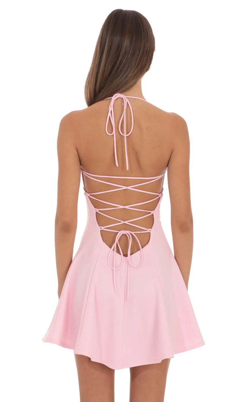 Fit and Flare Open back Mini Dress in Pink