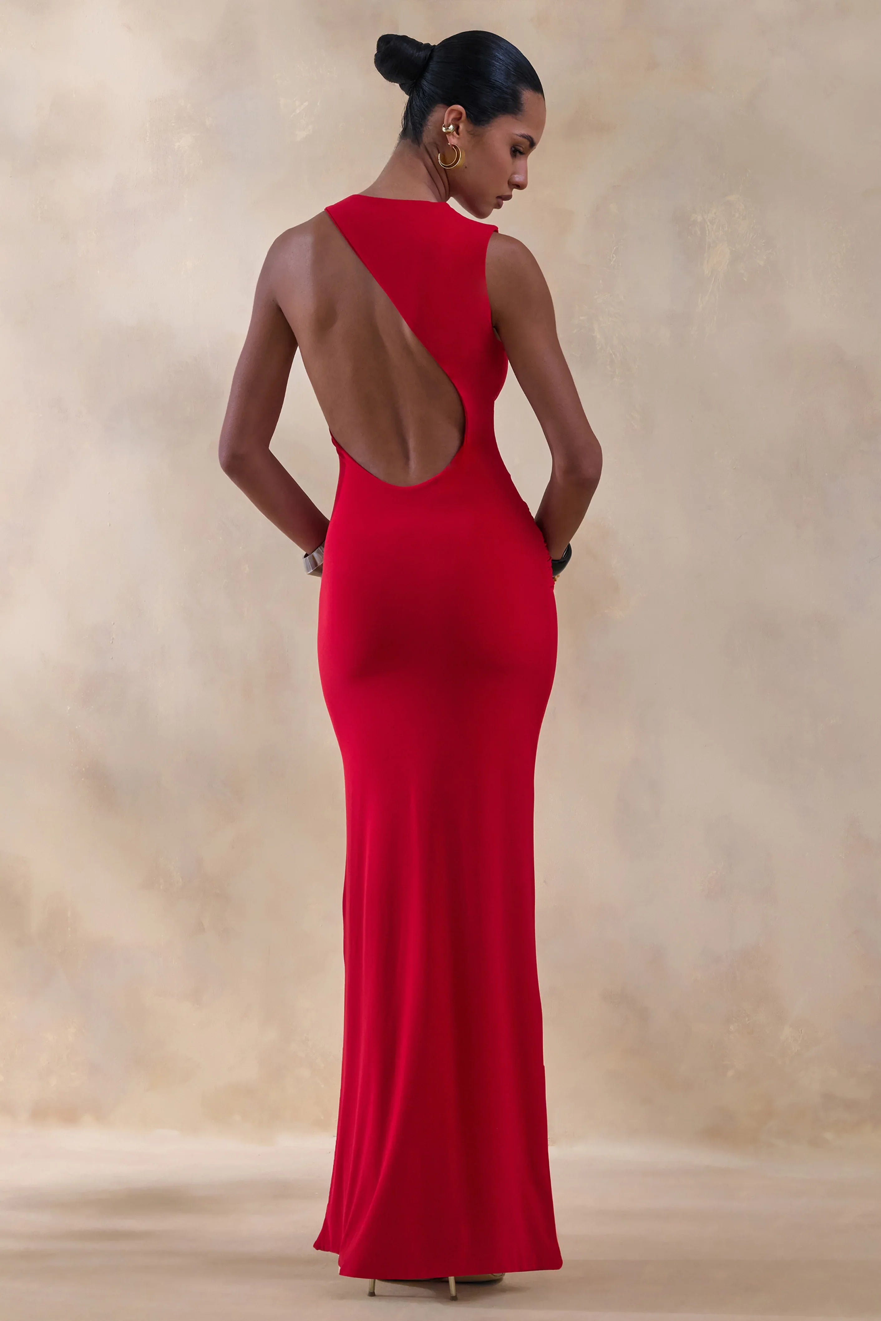 Neile Red Crew Neck Maxi Dress With Cut Out and Sash Details
