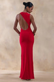 Neile Red Crew Neck Maxi Dress With Cut Out and Sash Details