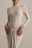 Myra Champagne High Neck Maxi Dress With Sash and Ruched Detailing