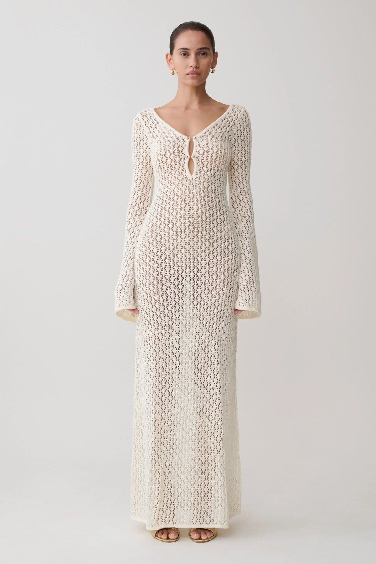 Kayleigh Crochet Fishtail Flare Sleeve Maxi Dress White