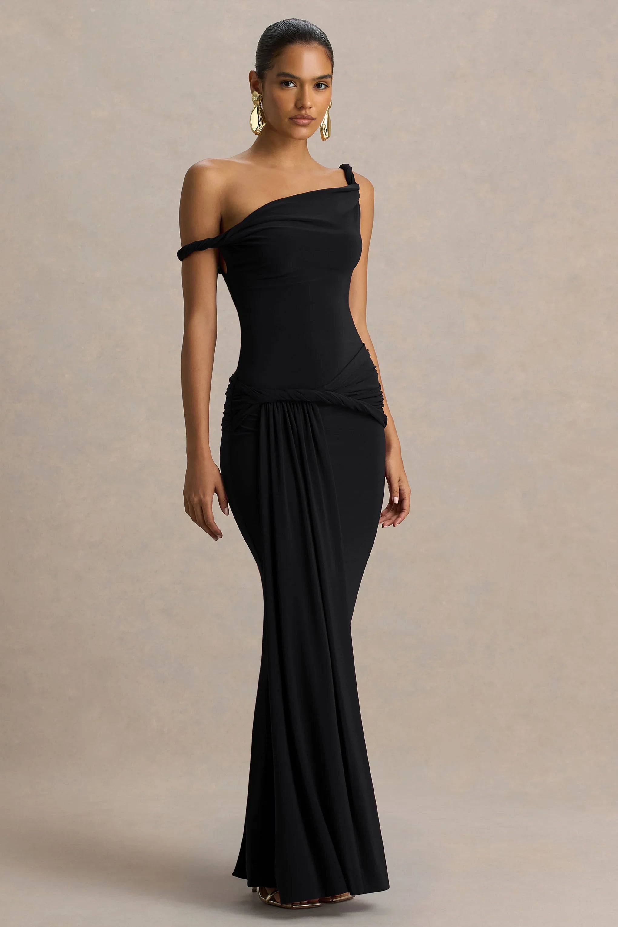 Tulisa Black Asymmetric Neck Maxi Dress With Twist Sleeves And Ruched Detailing