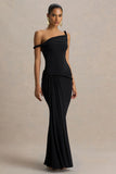 Tulisa Black Asymmetric Neck Maxi Dress With Twist Sleeves And Ruched Detailing