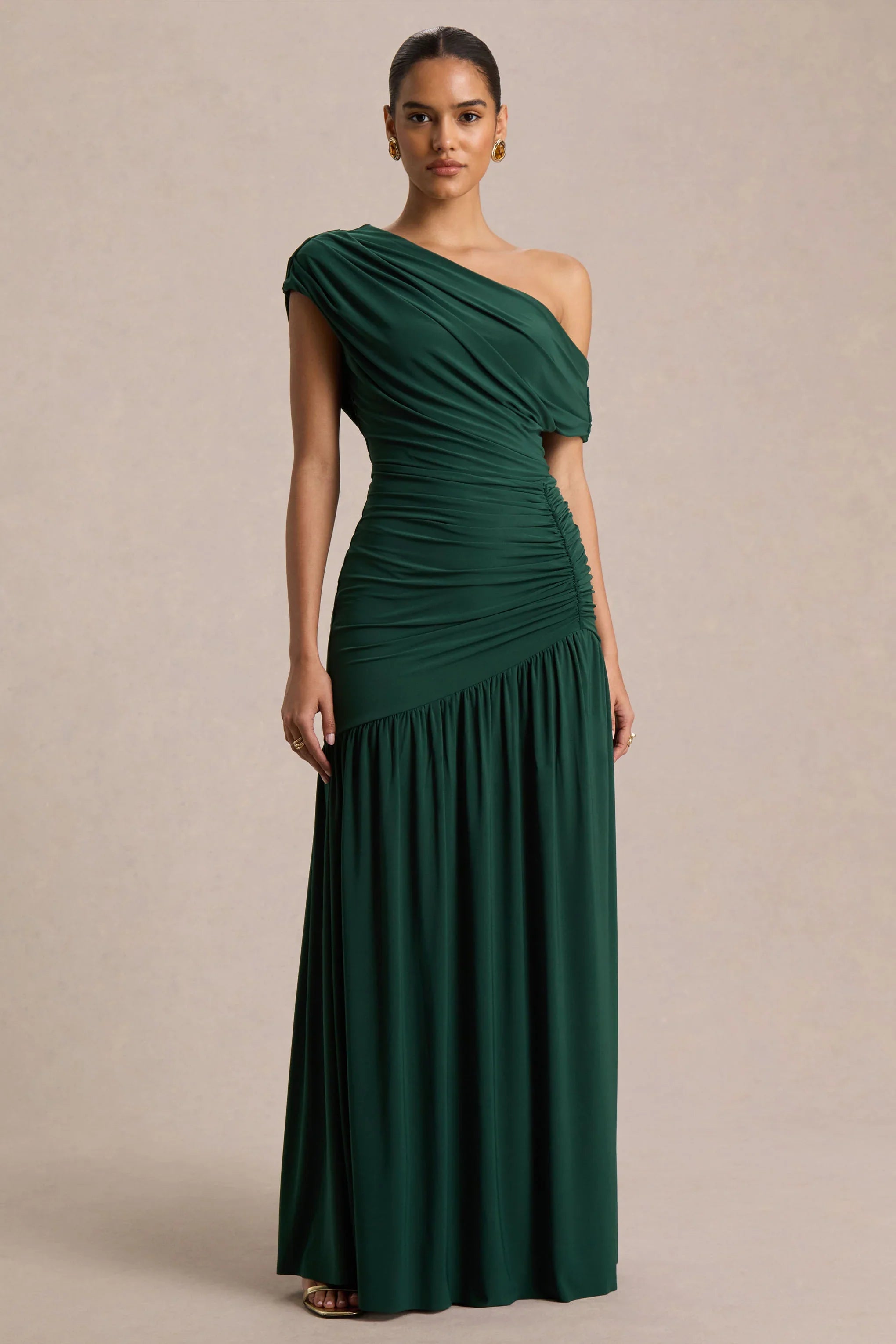 Kady Dark Green Asymmetric Neck Maxi Dress With Ruched Detailing