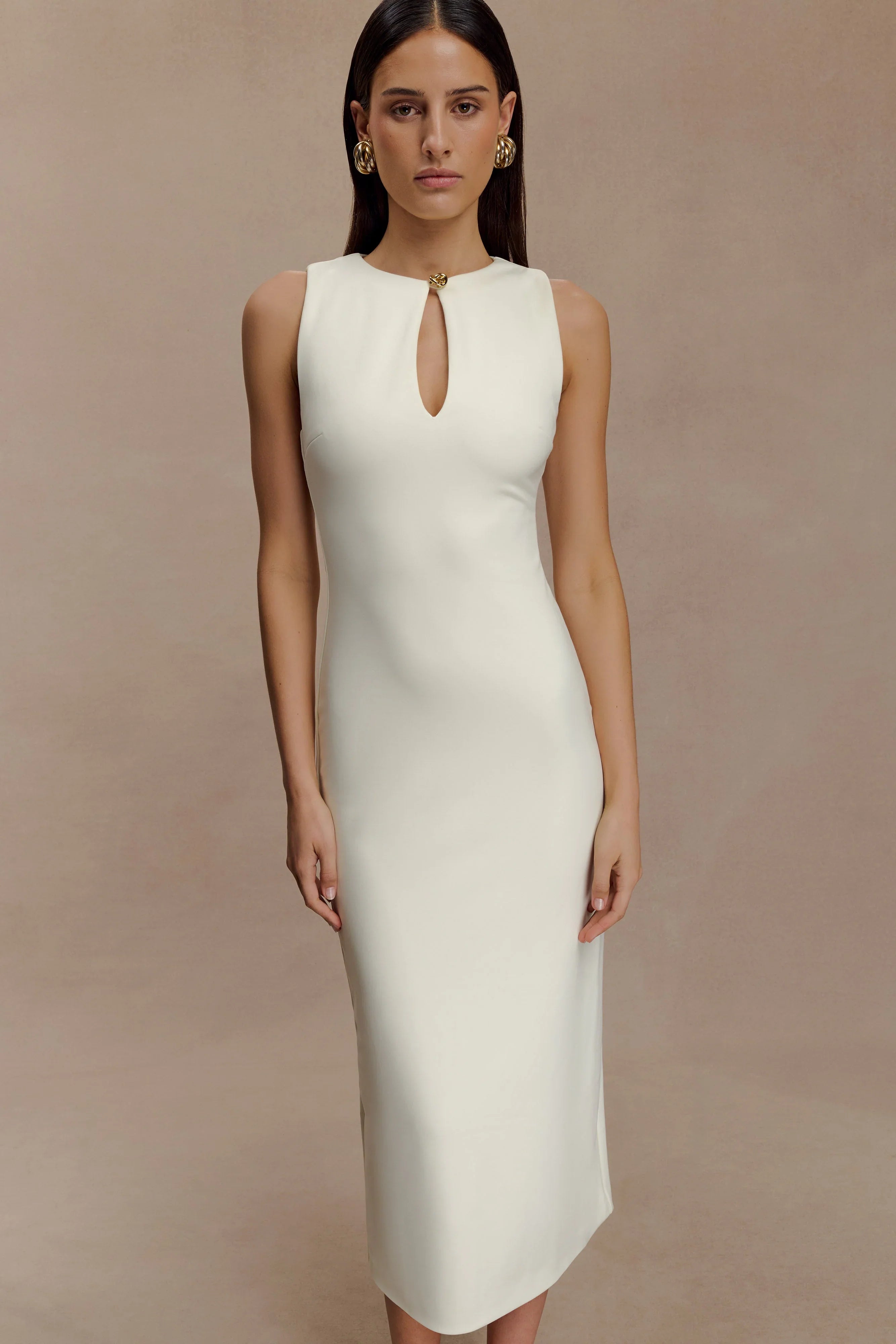 Norah Sleeveless Crepe Midi Dress Ivory
