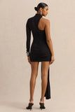 Irissia Black Asymmetric Neck Mini Dress With Knot And Sash Detail