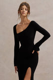 Cosmos Black Asymmetric Long Sleeve Split Maxi Dress