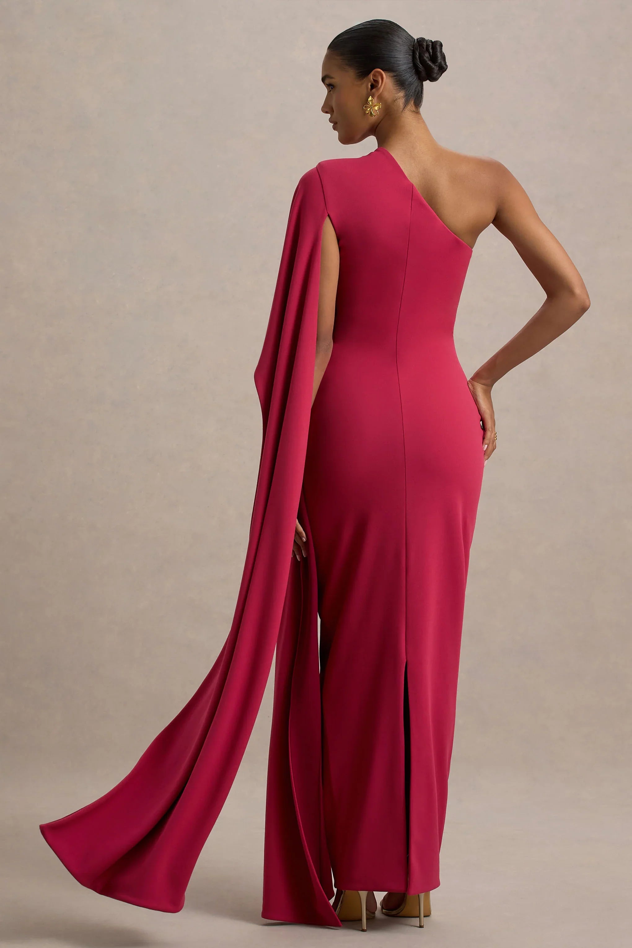 Lily Hot Pink Burgundy Asymmetric Maxi Dress With Cape Sleeve