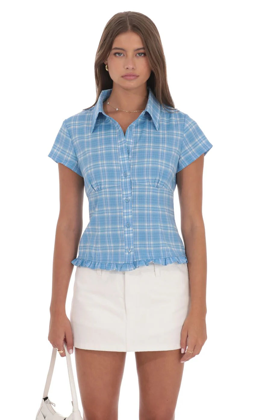 Plaid Button Up Ruffle Top in Blue