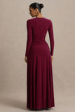 Estrella Berry High Neck Maxi Dress With Ruched Detailing