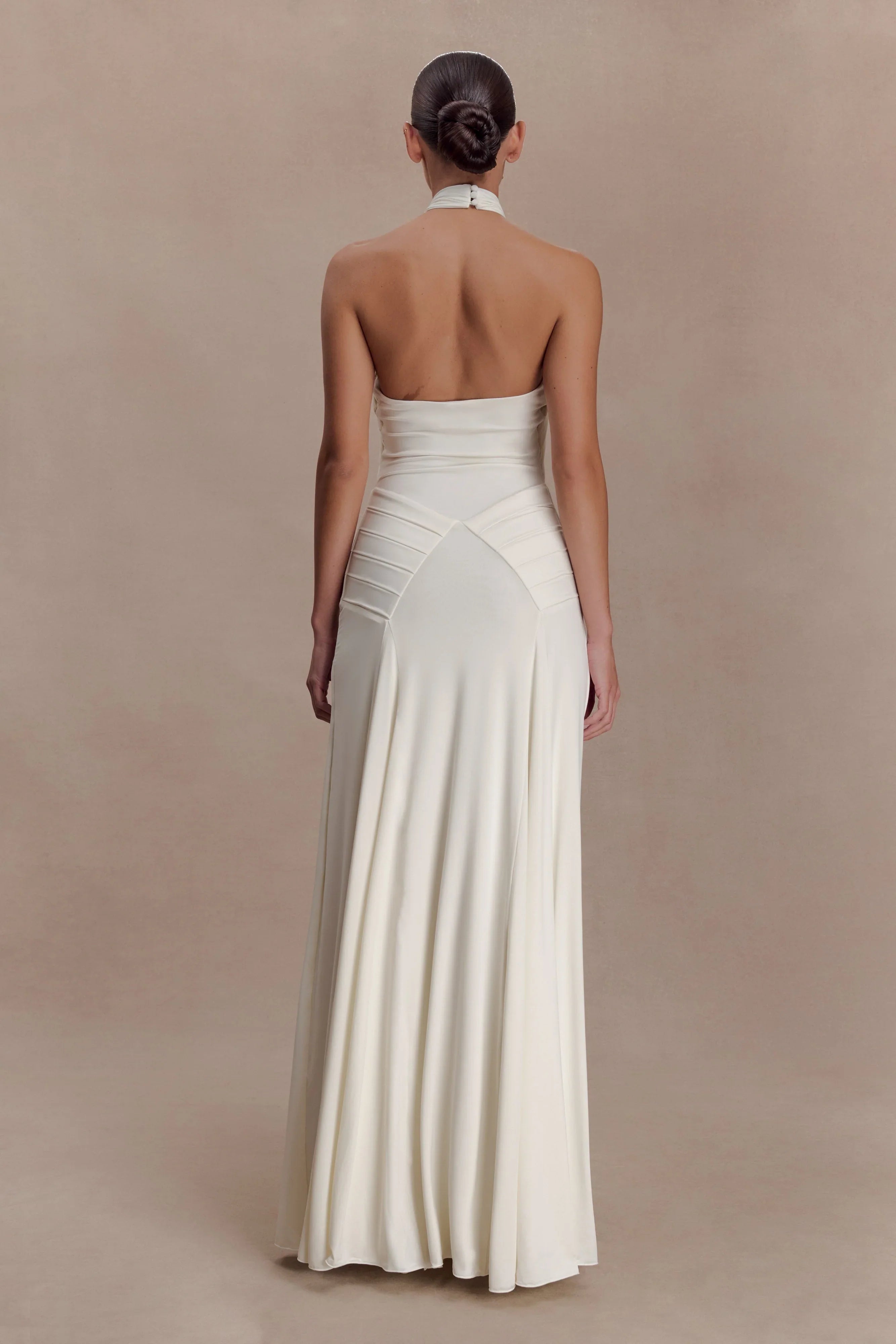 Indira Gathered Slinky Halter Maxi Dress Ivory