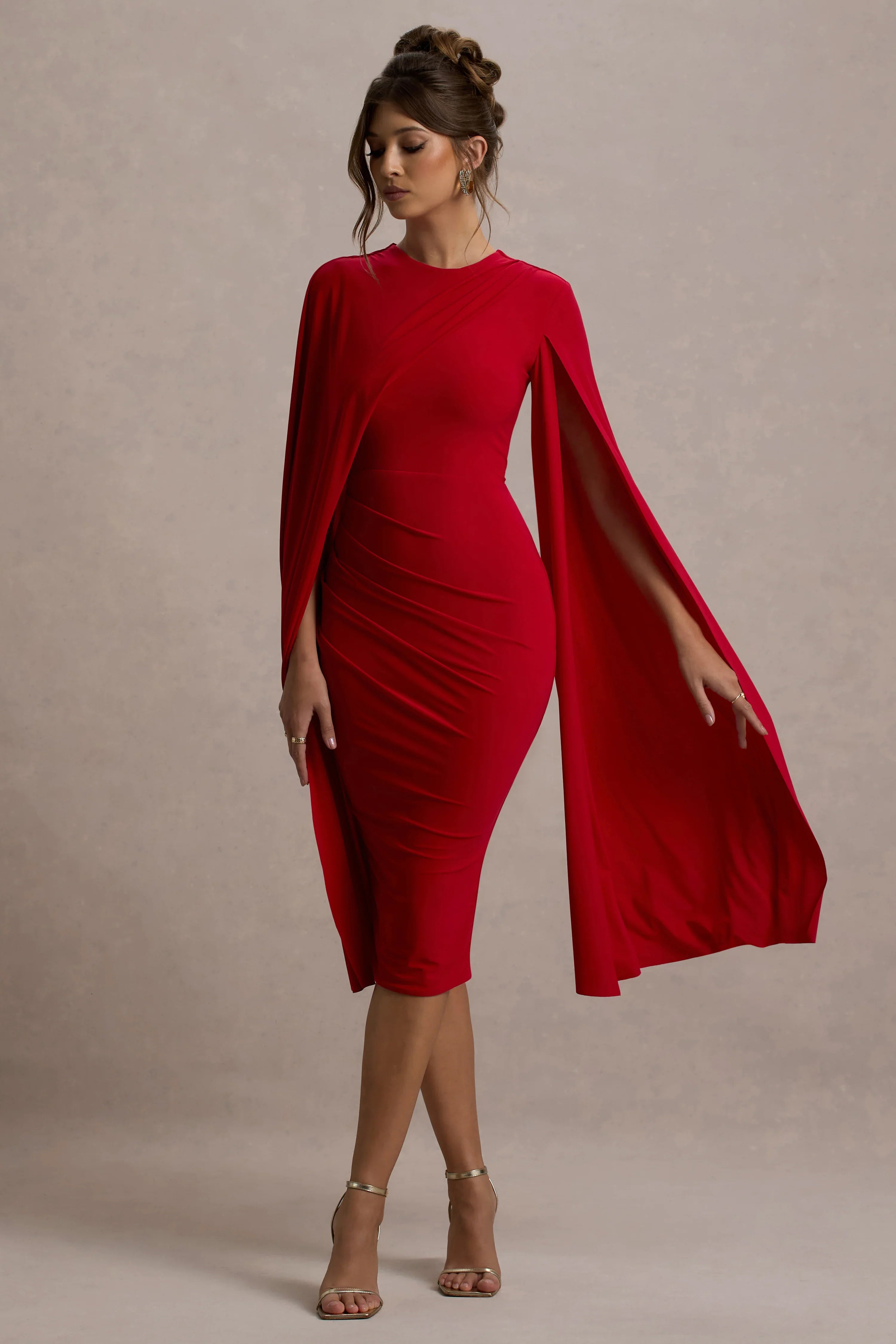 Marysol Red Asymmetric Cape Midi Dress