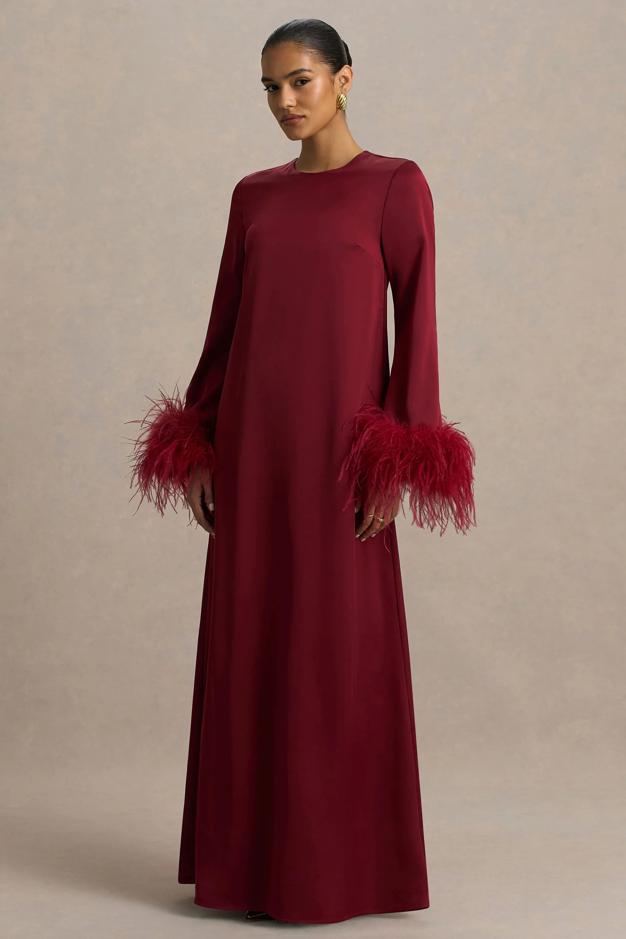Adella Burgundy Satin Feather Trim Maxi Dress