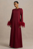 Adella Burgundy Satin Feather Trim Maxi Dress
