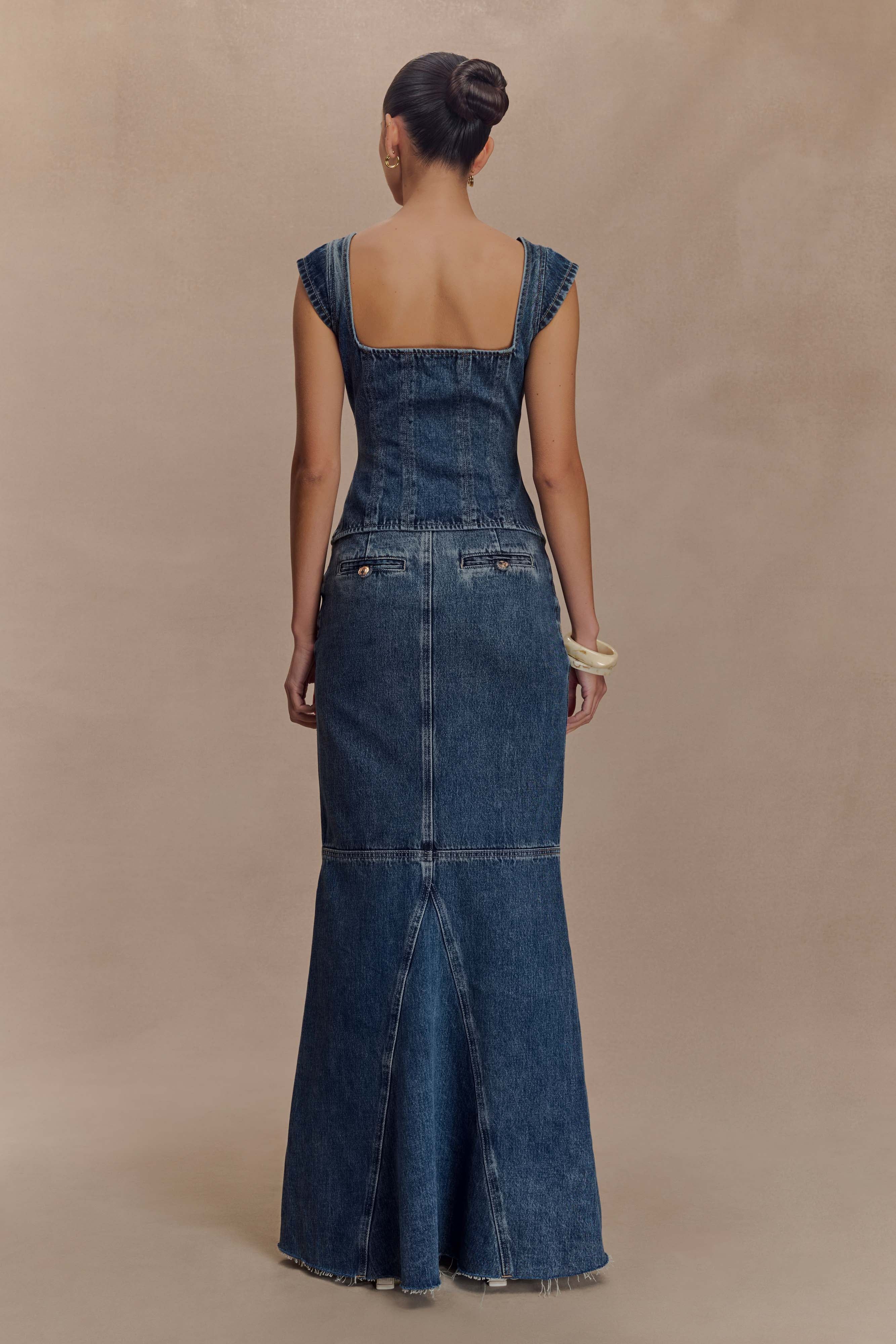 Loretta Cap Sleeve Denim Top Washed Dark Blue
