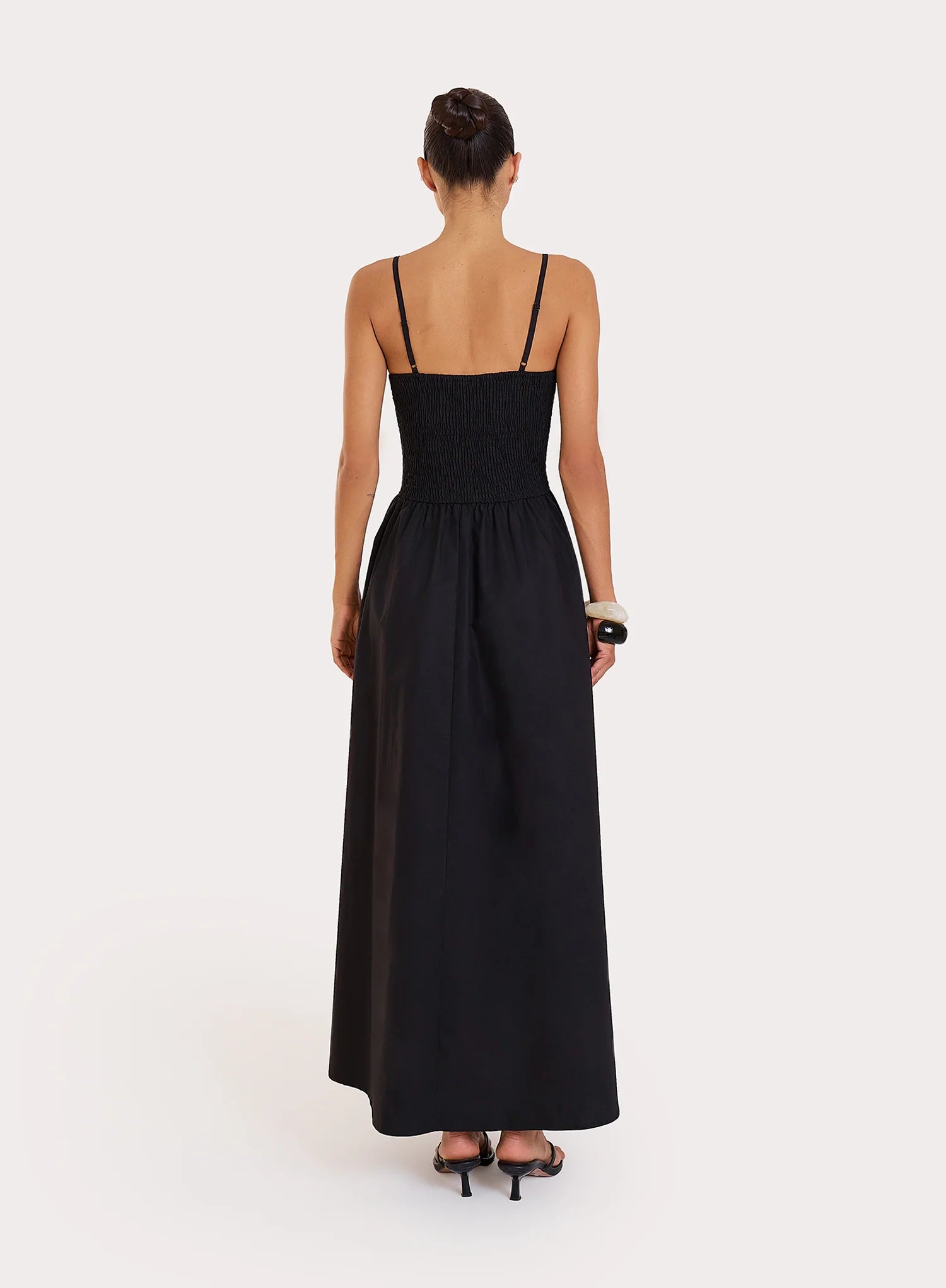 Black Shirred Cotton Maxi Dress Milano