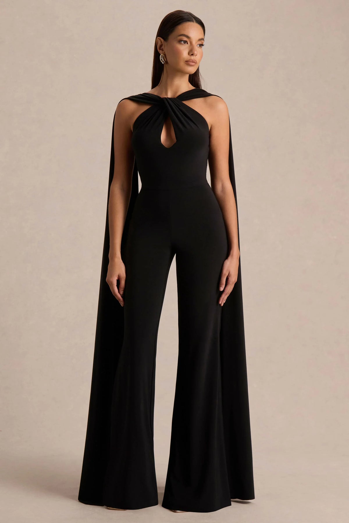 Mindy Black Twist Halter Neck Jumpsuit With Cape