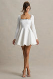 Astonish White Long Sleeve Embellished Square Neck Mini Dress With Volume Skirt