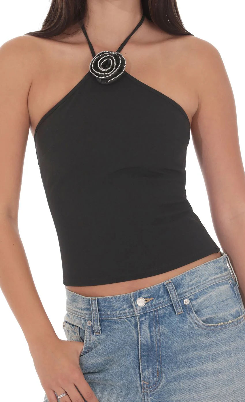 Rhinestone Rose Top in Black