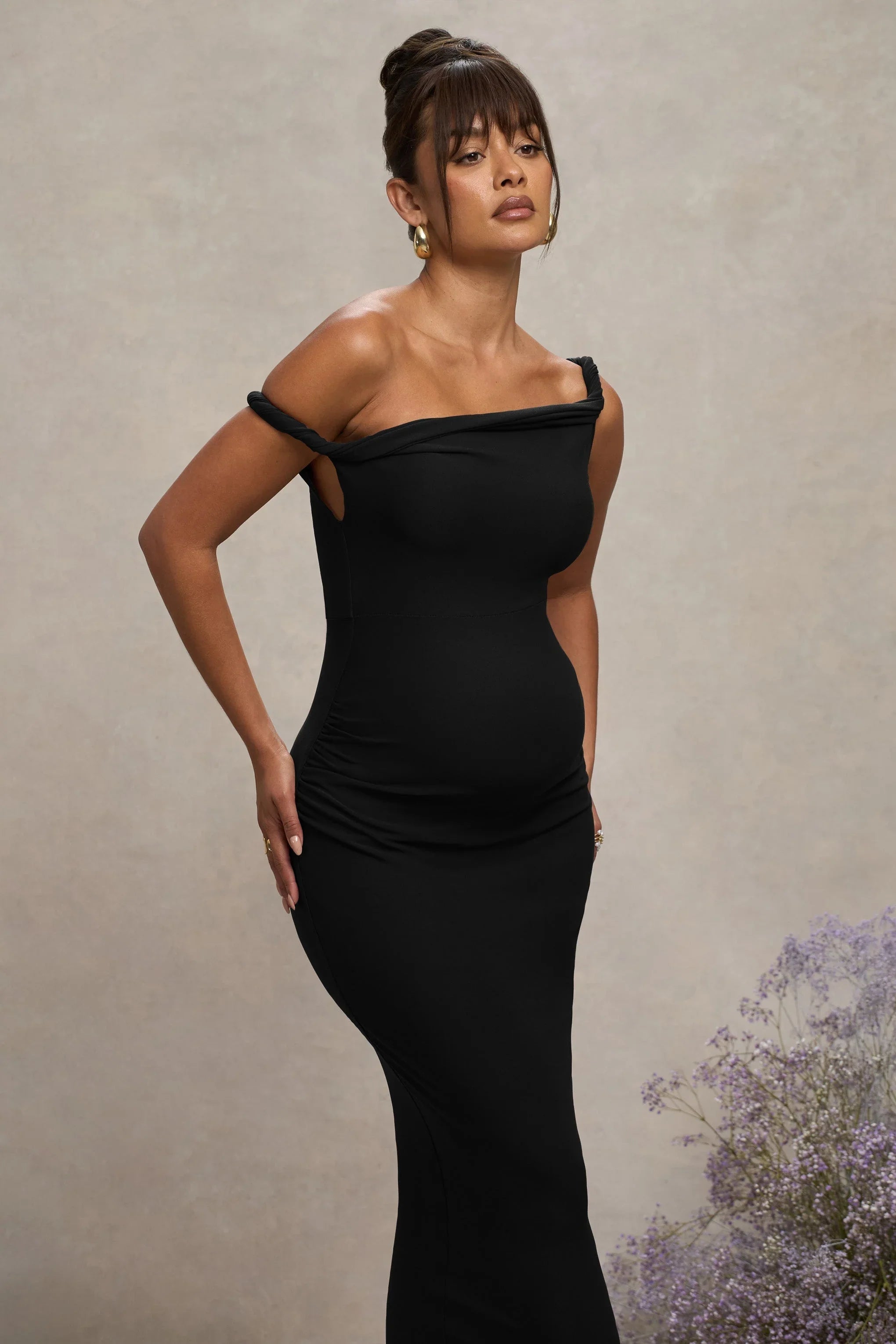 Salome Black Twisted Asymmetric Maternity Midi Dress