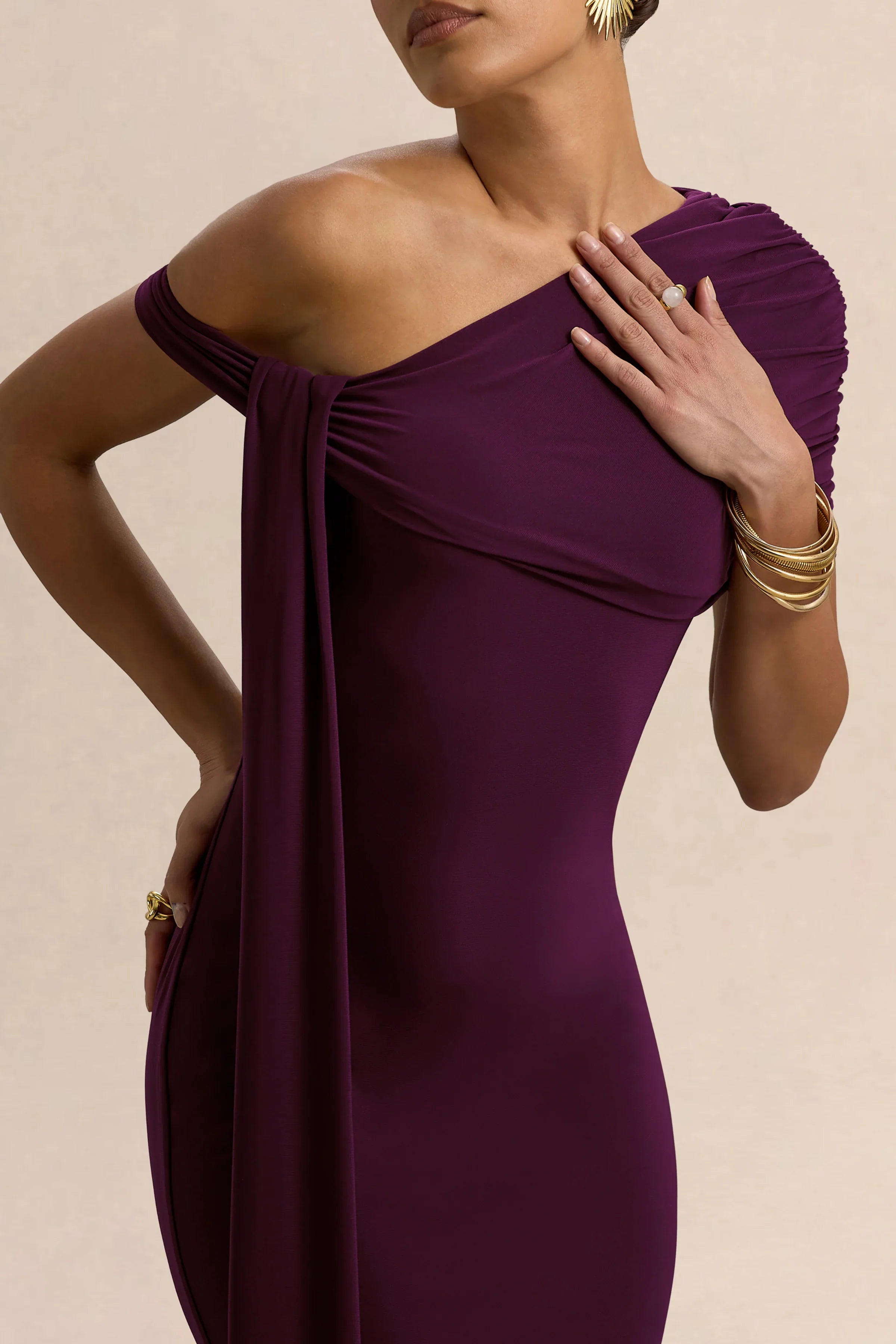 Praia Plum Asymmetric Neck Midi Dress With Sash and Draped Detailing