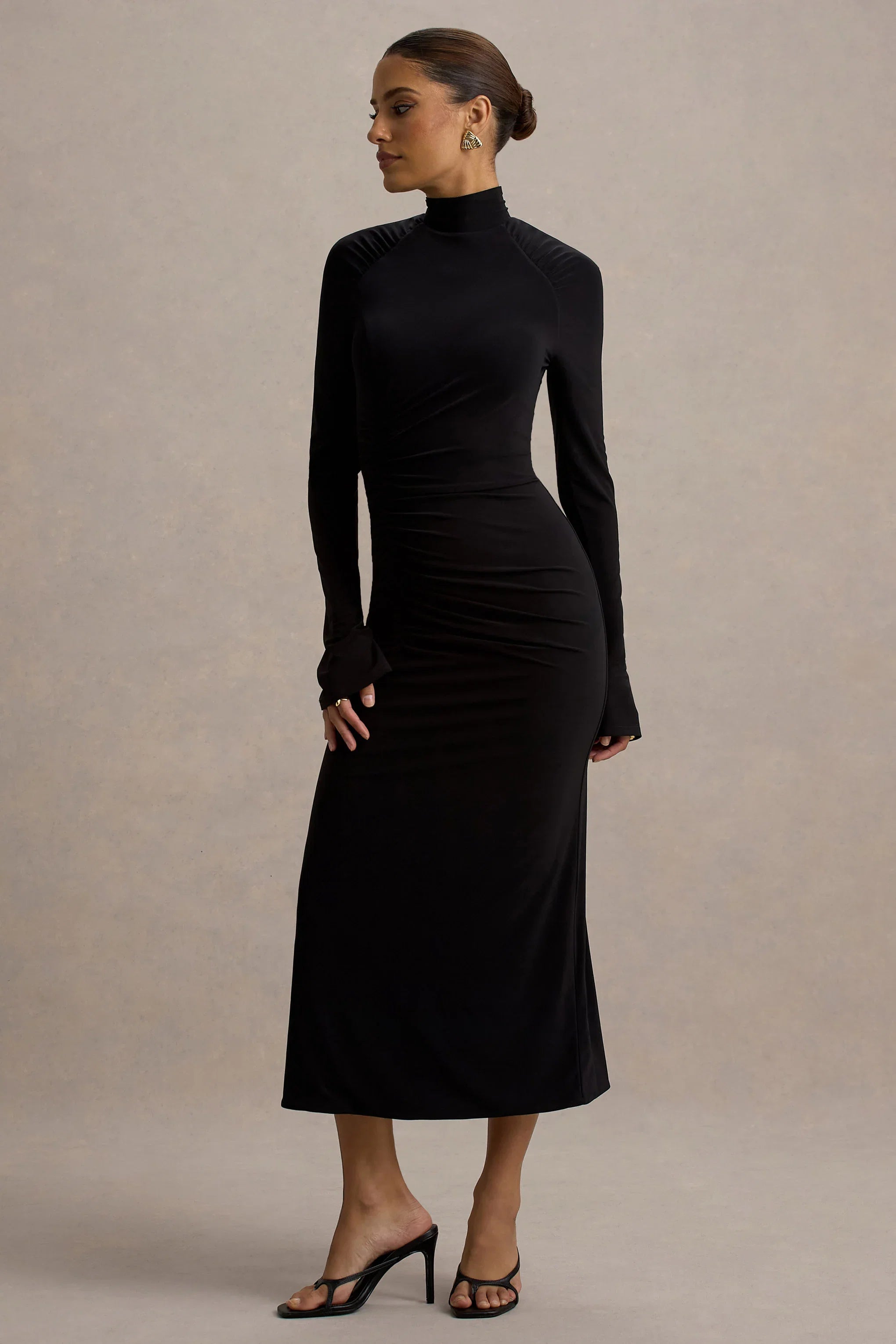 Cassandra Black High Neck Long Sleeve Midi Dress