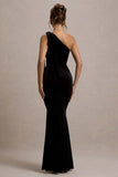 Jillian Black Velvet Asymmetric Maxi Dress With Bow Strap
