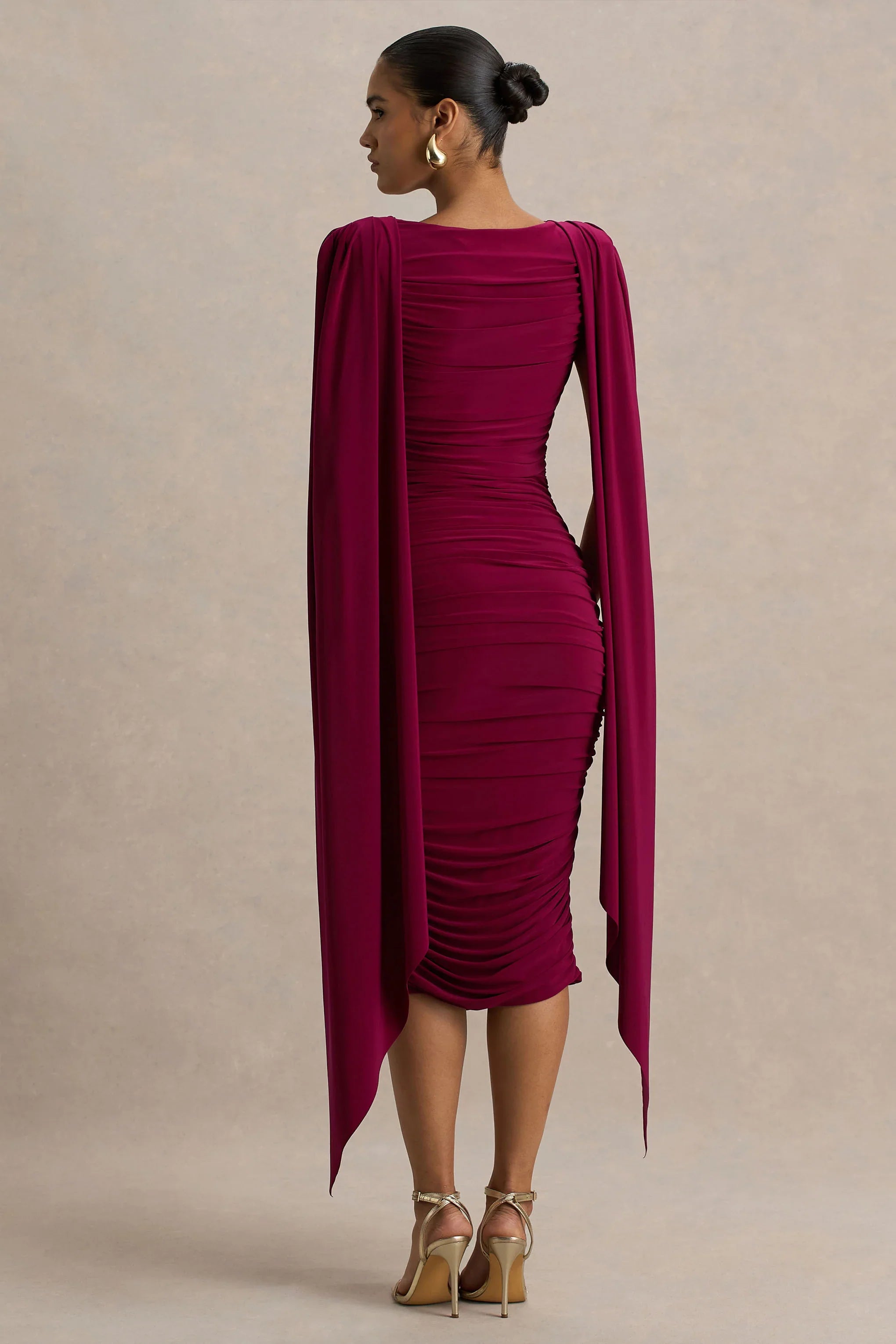 Wanderer Burgundy Crew Neck Midi Dress With Draped and Ruched Detailing