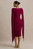 Wanderer Burgundy Crew Neck Midi Dress With Draped and Ruched Detailing