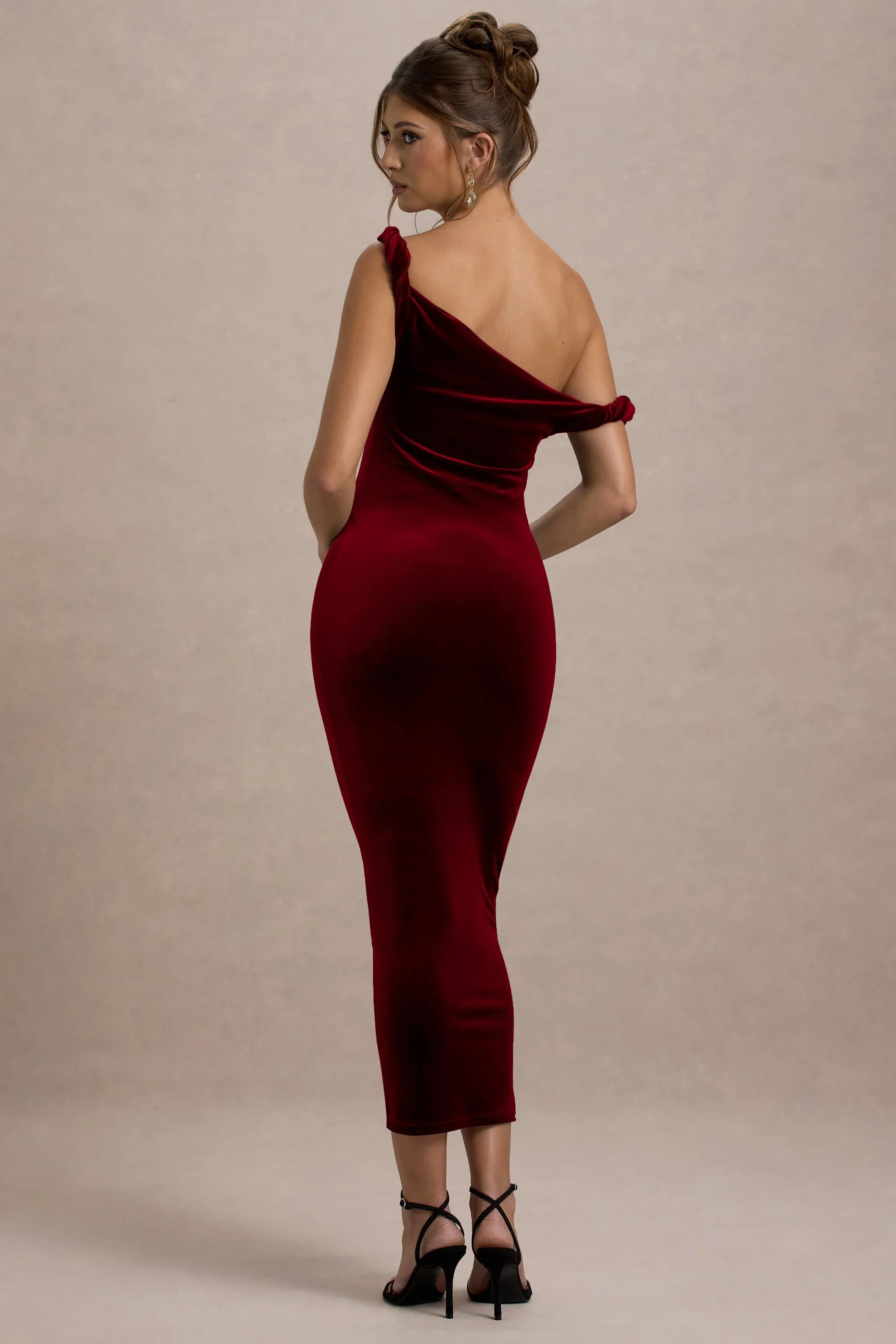 Carella Berry Velvet Twisted Asymmetric Midi Dress