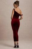 Carella Berry Velvet Twisted Asymmetric Midi Dress