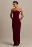 Illusion Burgundy Velvet Bandeau Maxi Dress With Bow Detail