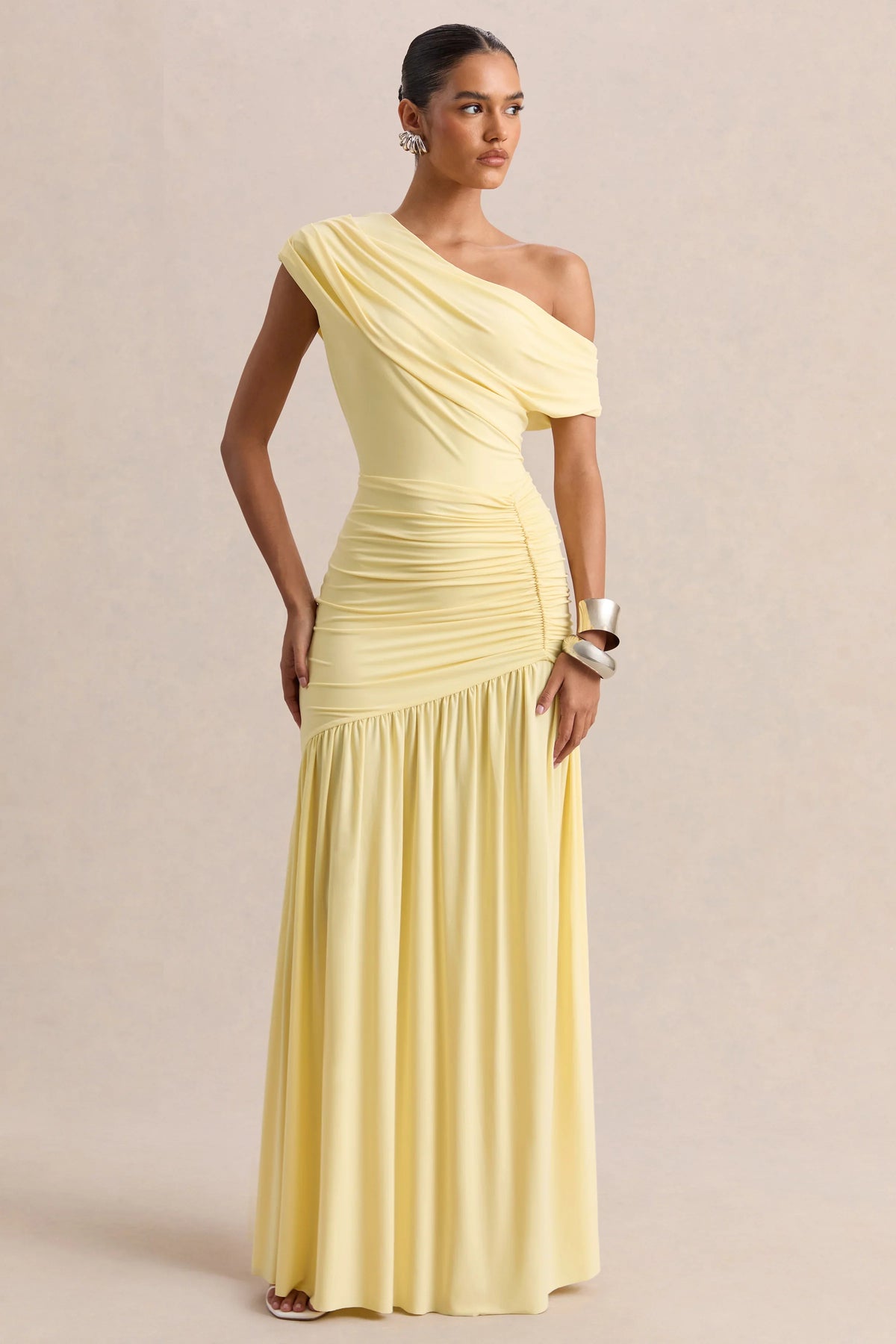 Kady Lemon Asymmetric Neck Maxi Dress With Ruched Detailing