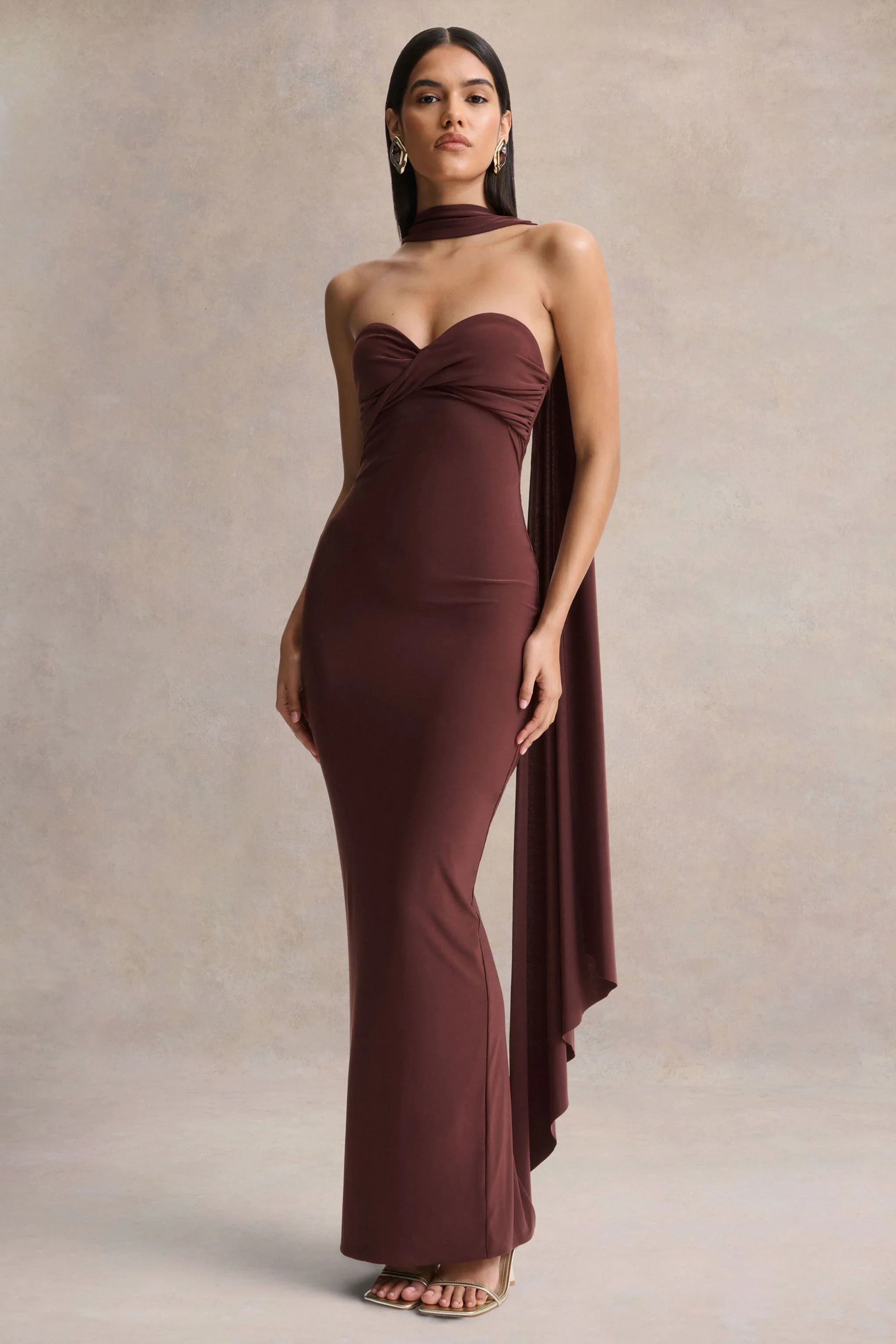 Sheila Dark Brown Bandeau Maxi Dress With Scarf Detail
