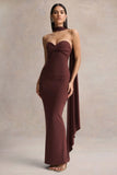 Sheila Dark Brown Bandeau Maxi Dress With Scarf Detail