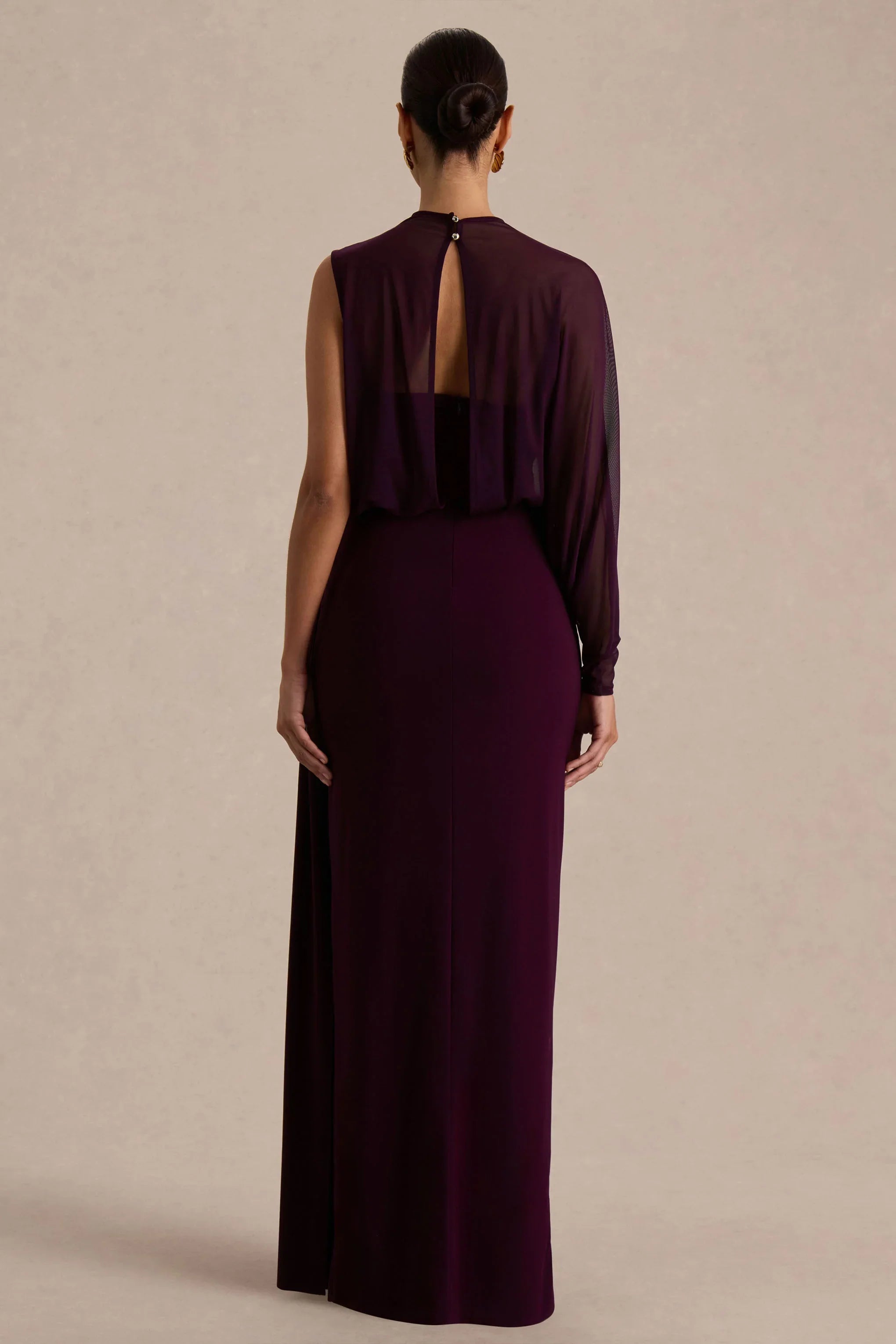 Aurelia Dark Plum High Neck Wrapped Maxi Dress With One Cape Sleeve